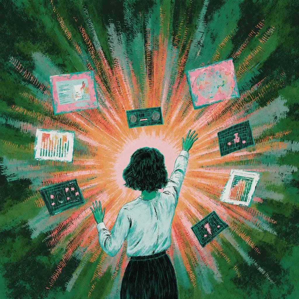 Illustration of a marketer selecting creative strategy screens from a radiant workspace